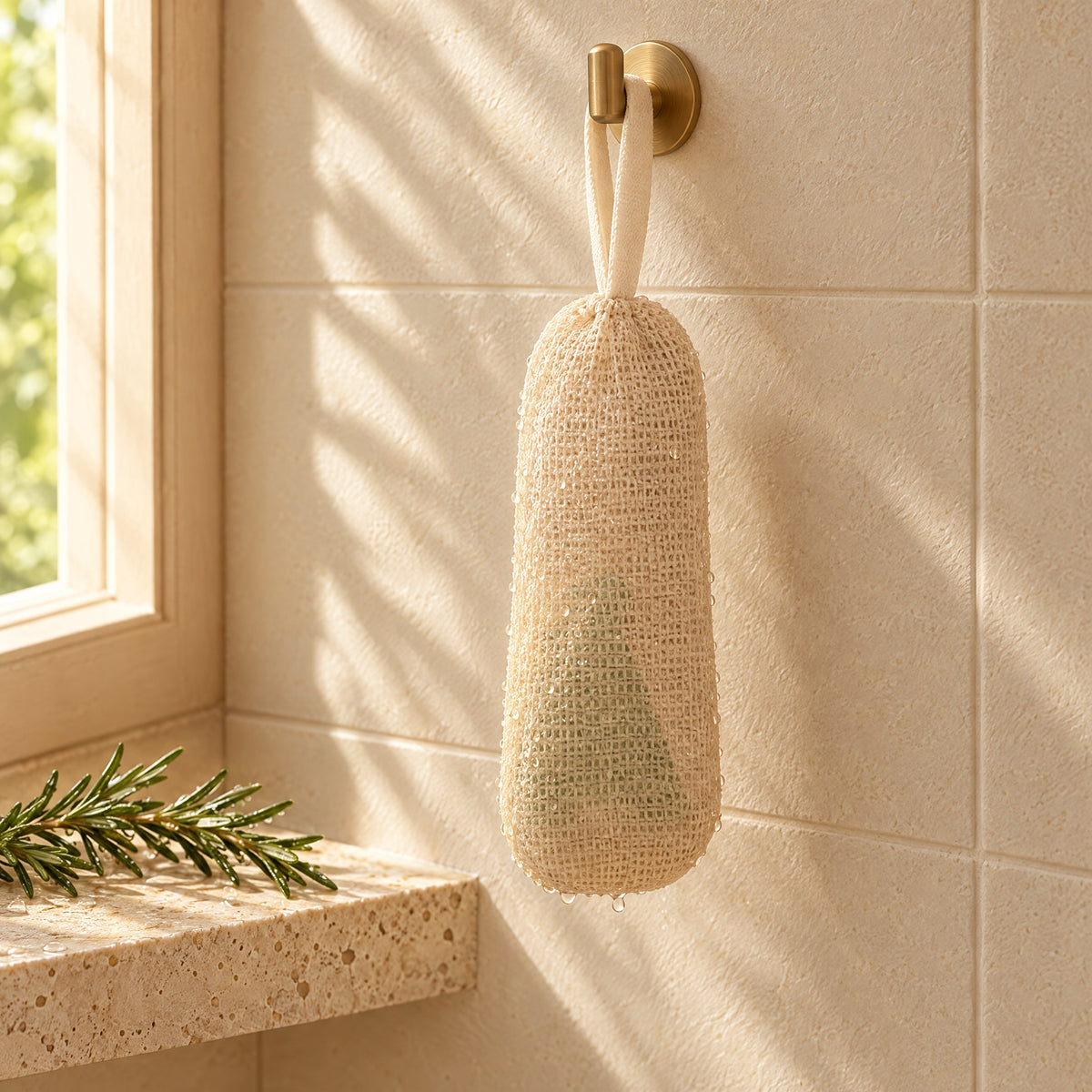 Foaming Bar Pouch hanging by its loop on a shower hook to dry