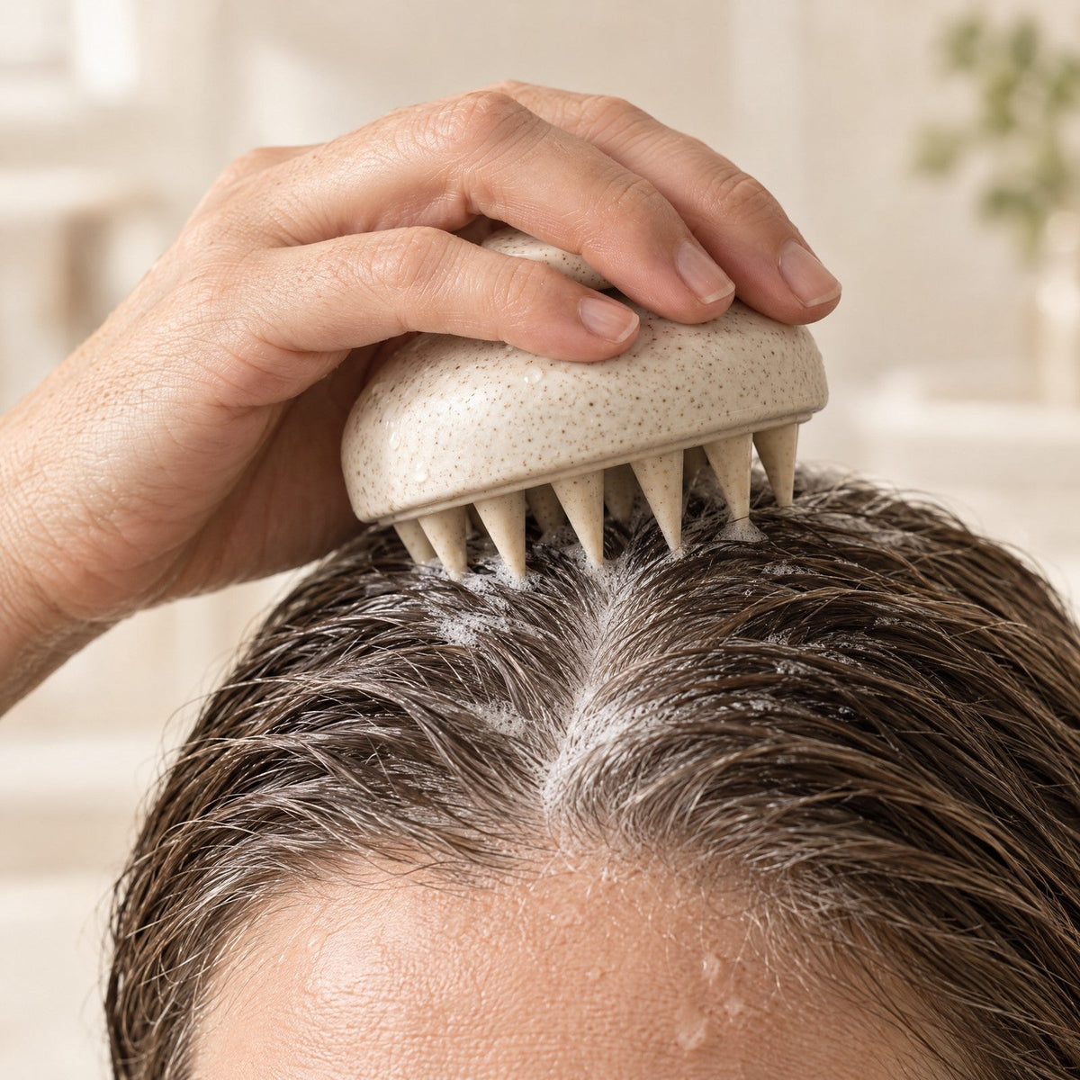 Massaging a wet scalp with the scalp brush
