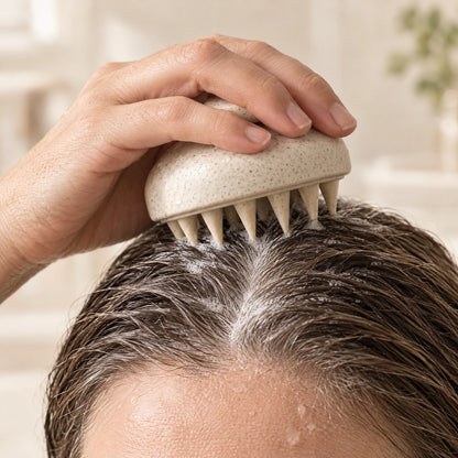 Massaging a wet scalp with the scalp brush