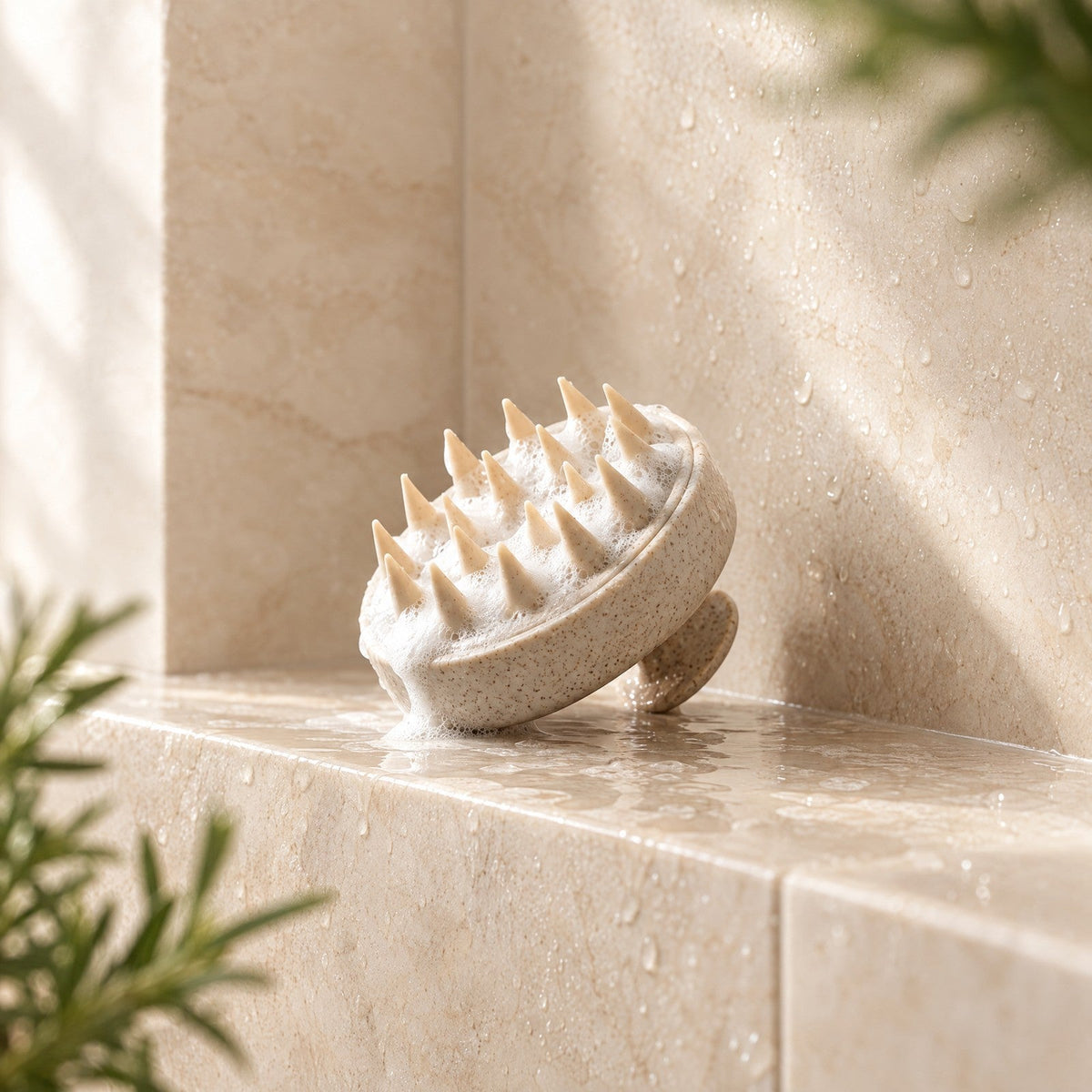 Scalp brush with lather on a shower ledge