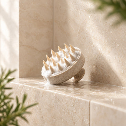 Scalp brush with lather on a shower ledge