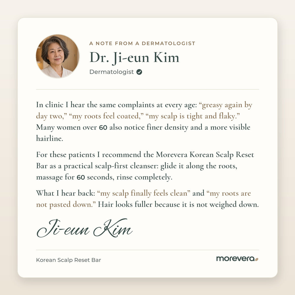 A note from dermatologist Dr. Ji-eun Kim recommending the Morevera Korean Scalp Reset Bar