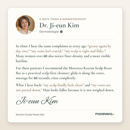 A note from dermatologist Dr. Ji-eun Kim recommending the Morevera Korean Scalp Reset Bar