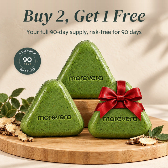 Three Korean Scalp Reset Bars, the third tied with a red gift bow: Buy 2, Get 1 Free, a full 90-day supply with a 90-day money-back guarantee