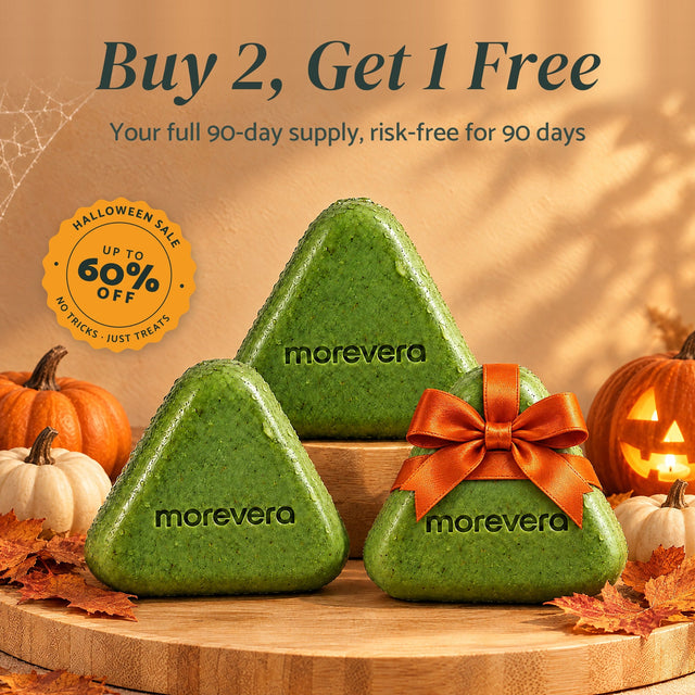 Halloween Sale, up to 60% off: three Korean Scalp Reset Bars with pumpkins, the third tied with an orange bow. Buy 2, Get 1 Free, a full 90-day supply, risk-free for 90 days