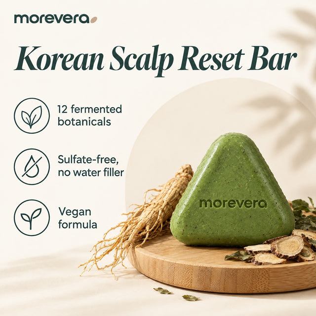 Korean wash-day ritual infographic: 12 fermented botanicals, sulfate-free, vegan formula