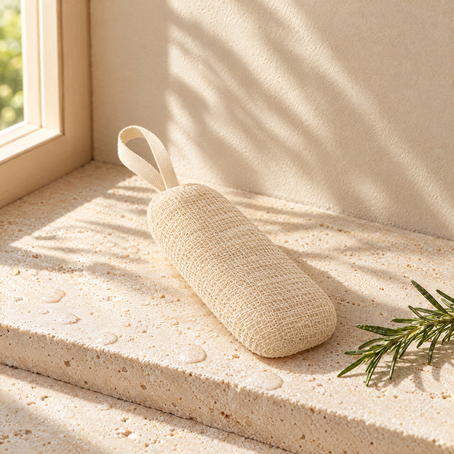 Foaming Bar Pouch: a soft beige mesh soap pouch with a hanging loop on a travertine windowsill